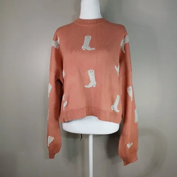 SIMPLY SOUTHERN SALMON COLOR CROPPED SWEATER WITH COWBOY BOOTS WOMENS XXL NWOT - Picture 1 of 7
